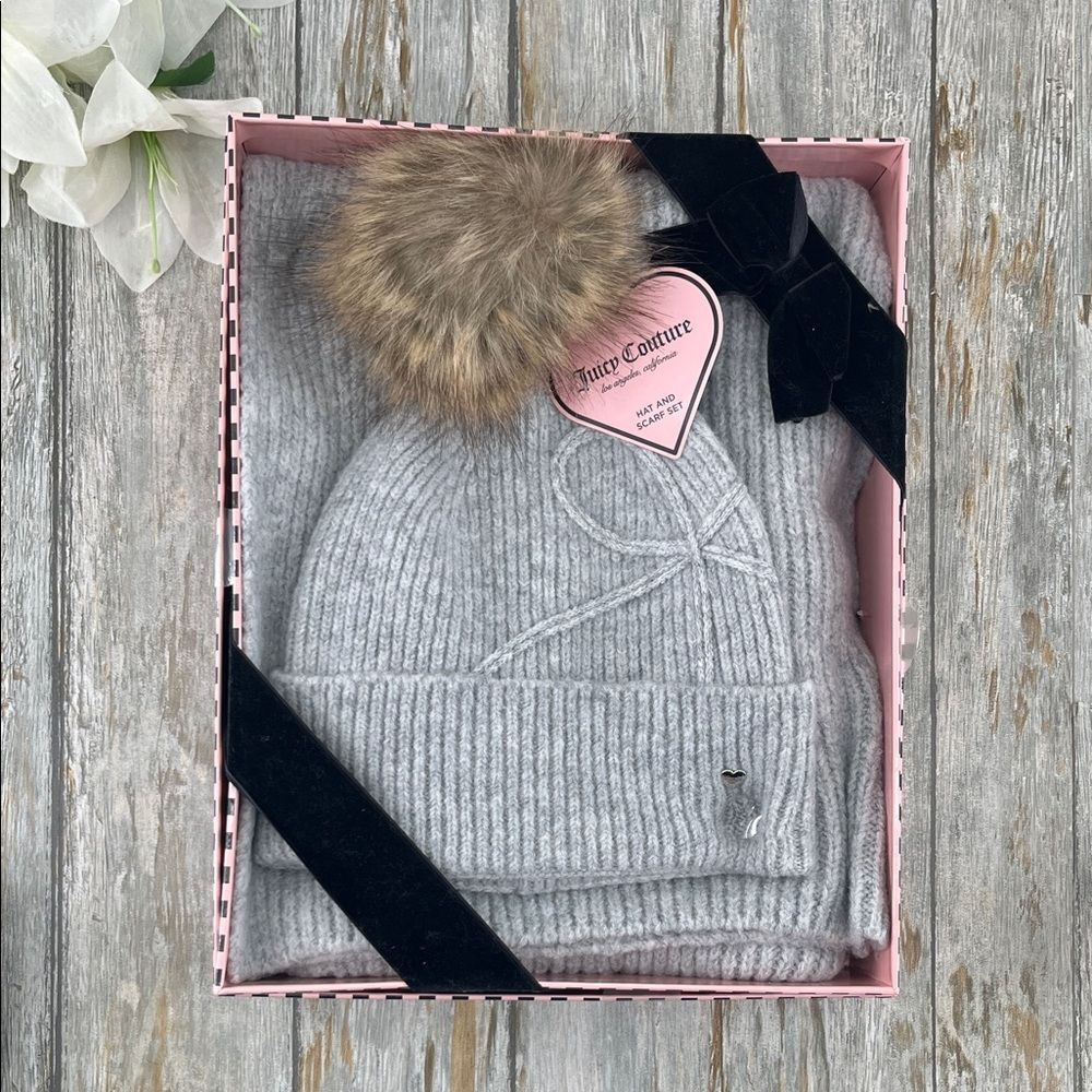 Juicy Couture Gray Knit Beanie Hat & Scarf Set with Faux Fur Pom